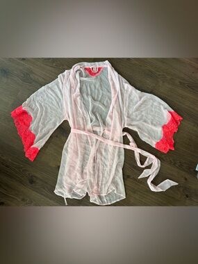 Victoria's Secret Sheer Pink Robe With Lace Trim One Size